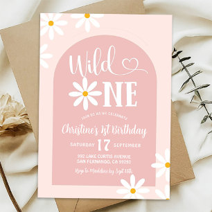 Invitación Arco Boho Rosa Daisy Cumpleaños Salvaje Uno Primer