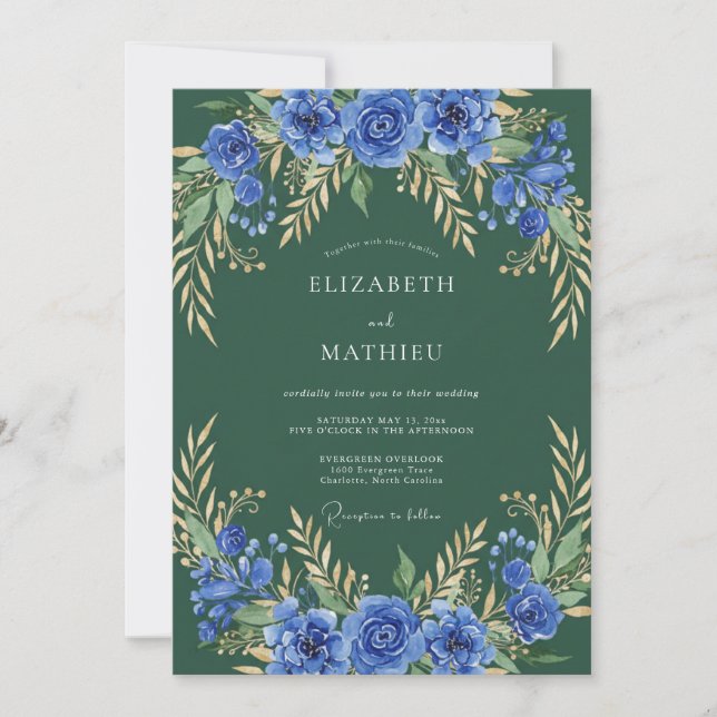 Invitación Arco Botánico Boda Azul Profundo (Anverso)