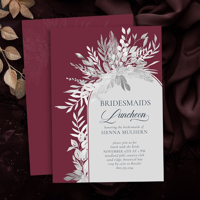Invitación Arco Botánico de Borgoña Bridesmaids Luncheon (Bridesmaids Luncheon invite in Burgundy and Grey from the Foliage Duet Collection by Darling & May)