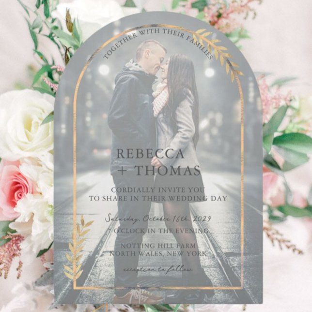 Invitación Arco Botánico Dorado Faux Vellum Boda de fotografí (Subido por el creador)