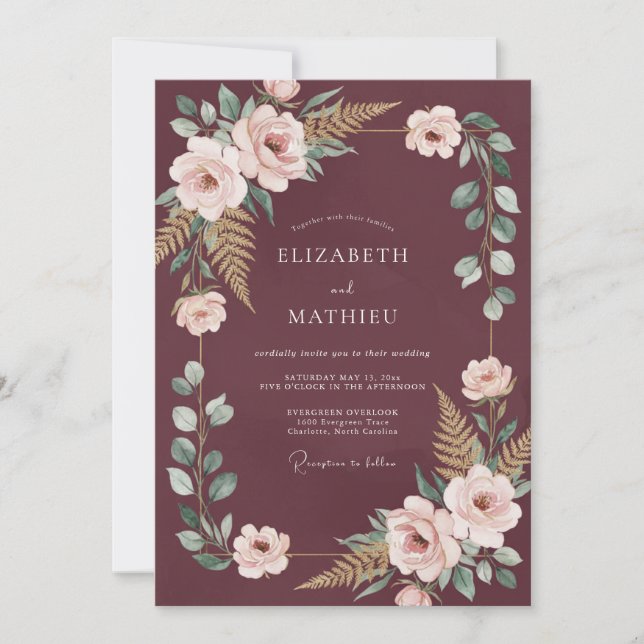 Invitación Arco Botánico Floral Borgoña Boda (Anverso)