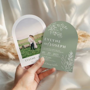 Invitación Arco Botánico Floral Verde Salvia Boda Moderna