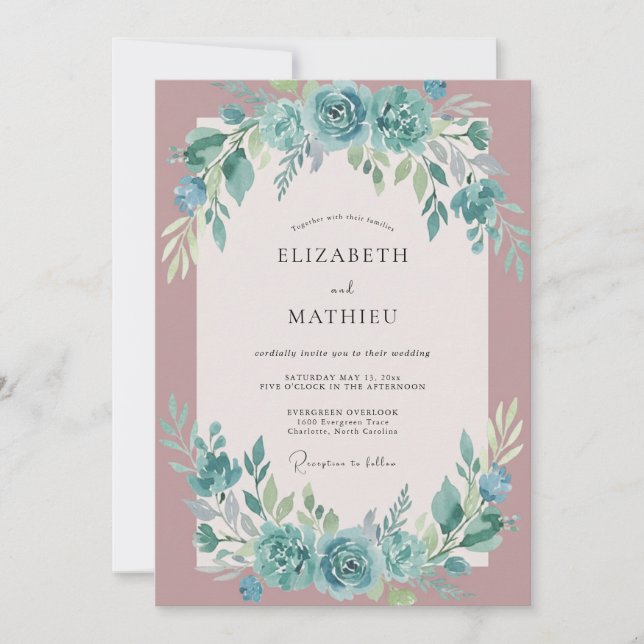 Invitación Arco Botánico Verde Azul Florecimiento de Boda (Anverso)