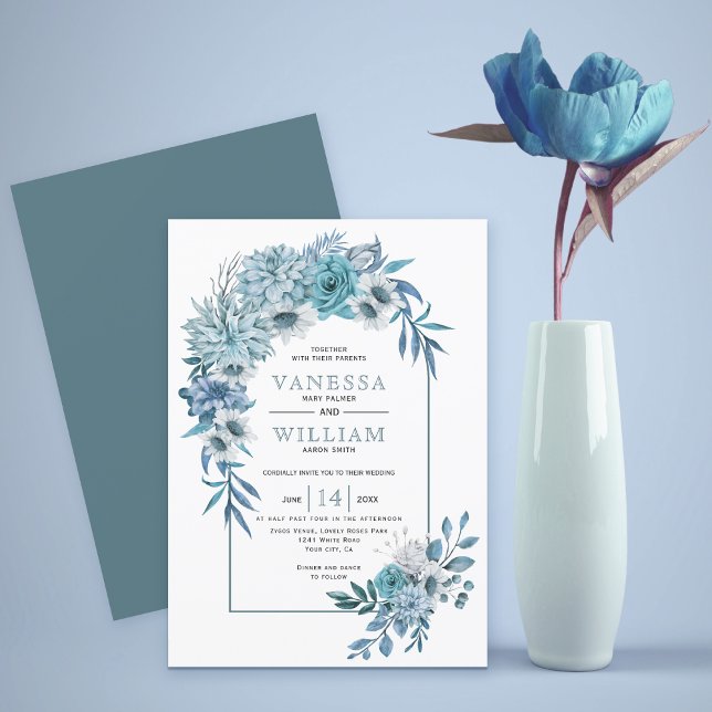 Invitación Arco con flores azules verde azuladas y hojas boda (Subido por el creador)