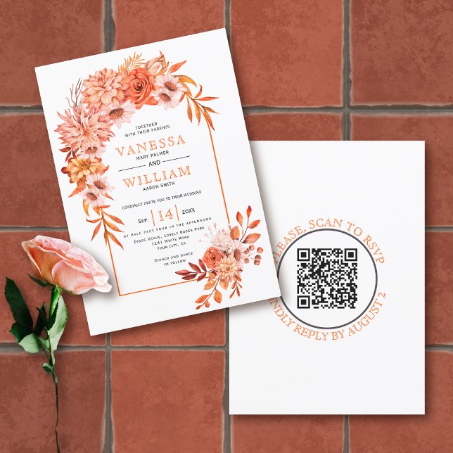Invitación Arco con flores naranjas QR código caída boda (Subido por el creador)