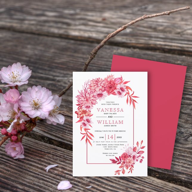 Invitación Arco con flores rojas rosadas y hojas boda (Subido por el creador)
