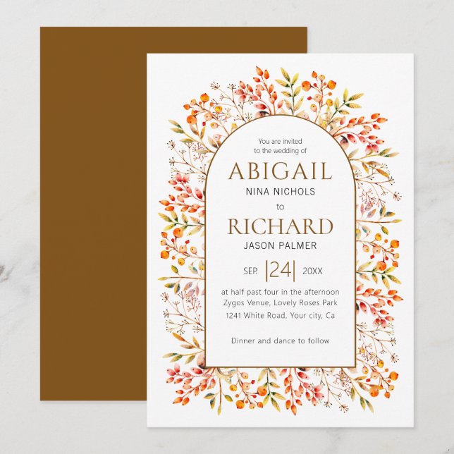 Invitación Arco con hojas y bayas boda marrón (Anverso / Reverso)