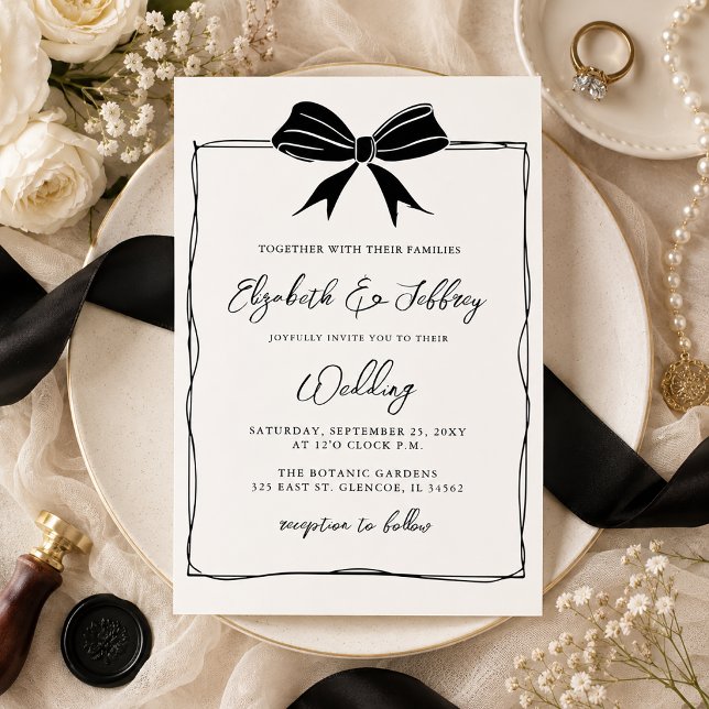 Invitación Arco Coquette Moderno Chic Boda Dibujado a Mano (Handdrawn Bow Coquette Modern Chic Wedding Invitation)