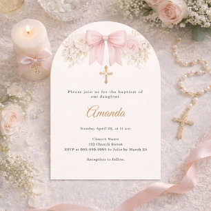 Invitación Arco Cruz Florales Marfil Rosa Rubor Bautizo