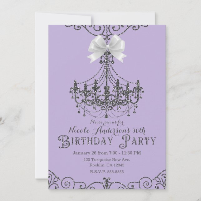Invitación Arco Cumpleaños Blanco Plateado Morado Para Cualqu (Anverso)
