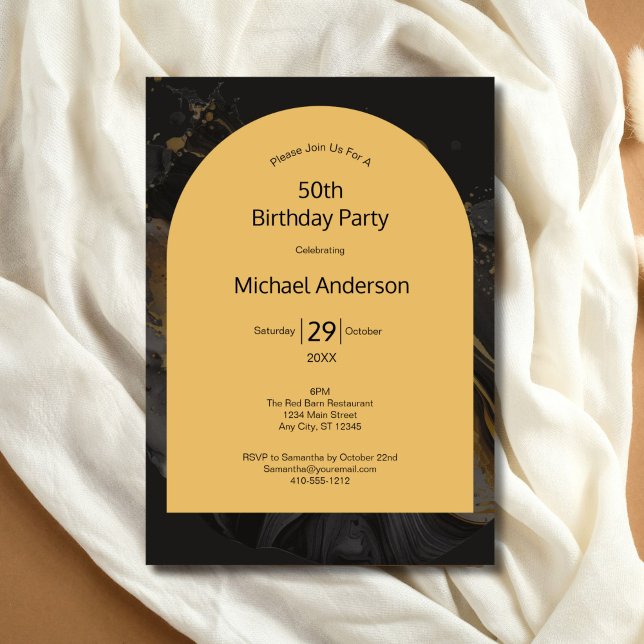 Invitación Arco de acuarela de oro negro Cumpleaños 50 para é (Black Gold Watercolor Arch Modern 50th Birthday invitation for him. Editable for any year)