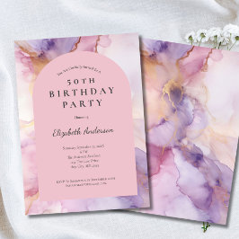 Invitación Arco de acuarela dorado púrpura rosa para cumpleañ