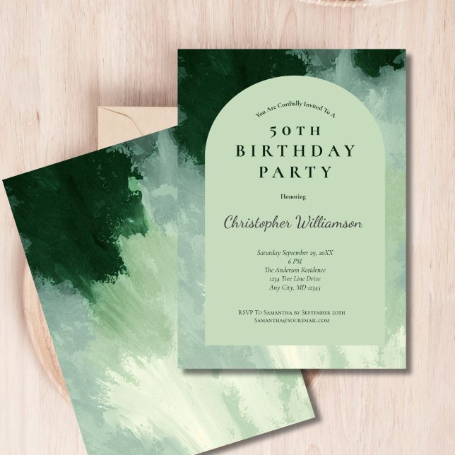 Invitación Arco de acuarela verde oscuro y mini para cumpleañ (Dark and Light Mint Green Watercolor Modern Arch 50th Birthday party invitation for him)
