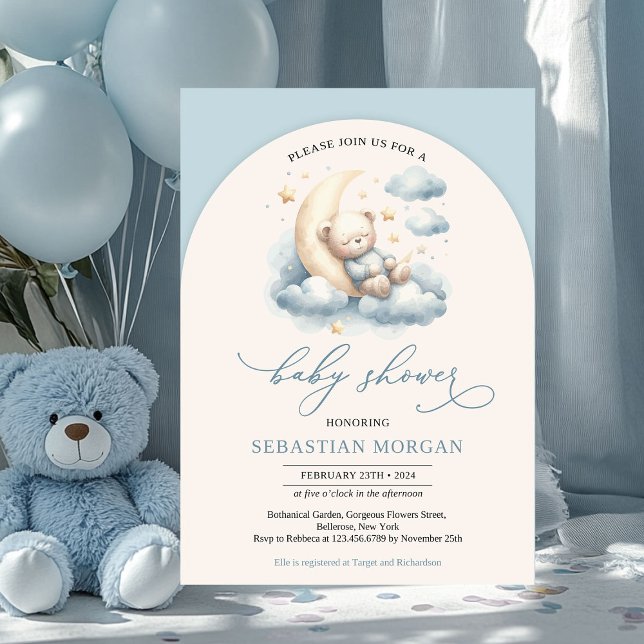 Invitación Arco de agua del arco de Boho teddy azul y marfil (cute sleeping teddy bear over the moon boy baby shower invitation)