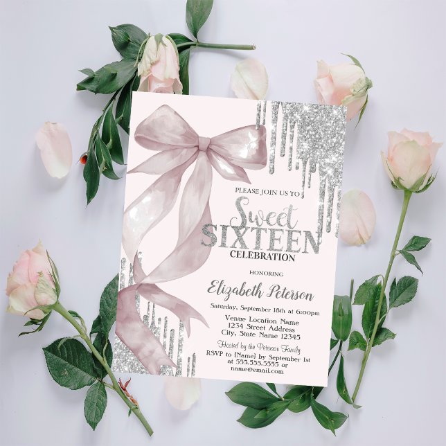 Invitación Arco de agua rosa con brillo plateado Sweet 16 (Subido por el creador)