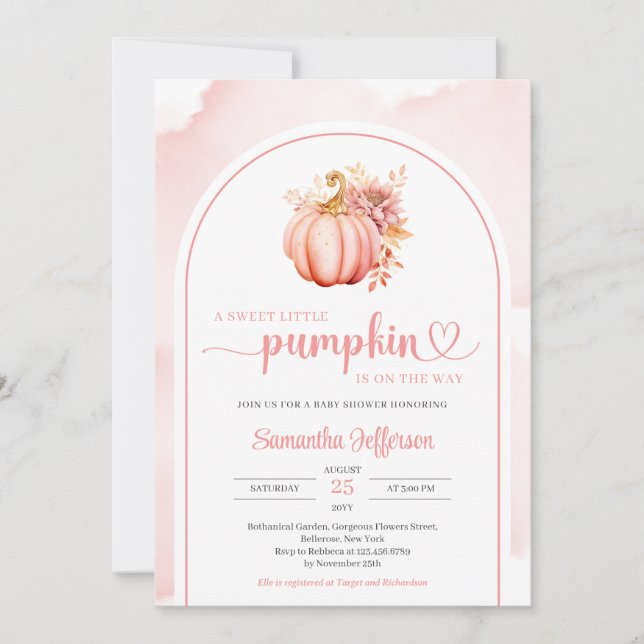 Invitación Arco de agua simple rosa y de calabaza dorada (Anverso)