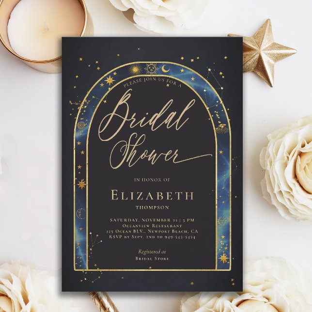 Invitación Arco de Aguas Celestiales Estrellado Zodiac Fiesta (celestial bridal shower invitation zodiac signs astrology oracle universe mystical waters blue arch)