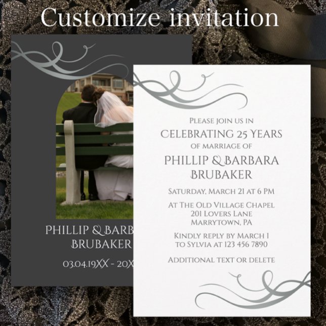 Invitación Arco de aniversario de bodas personalizado moderno (Add a photo and personalize this template for an elegant 25th wedding anniversary party invitation
)