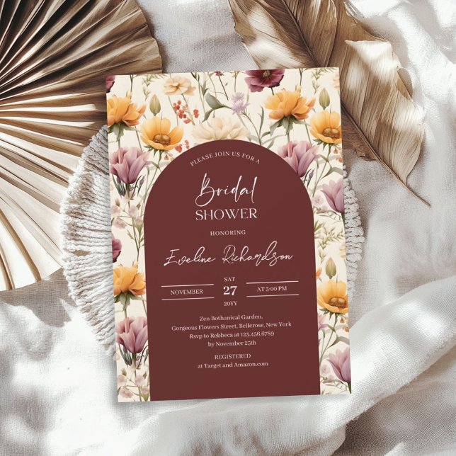 Invitación Arco de arca Boho acuarela burguno flores silvestr (Boho arch watercolor burgundy yellow wildflowers invitation)