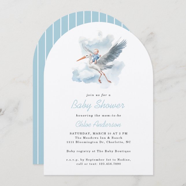 Invitación Arco de Baby Shower de Stork Blue Baby Boy Waterco (Anverso / Reverso)
