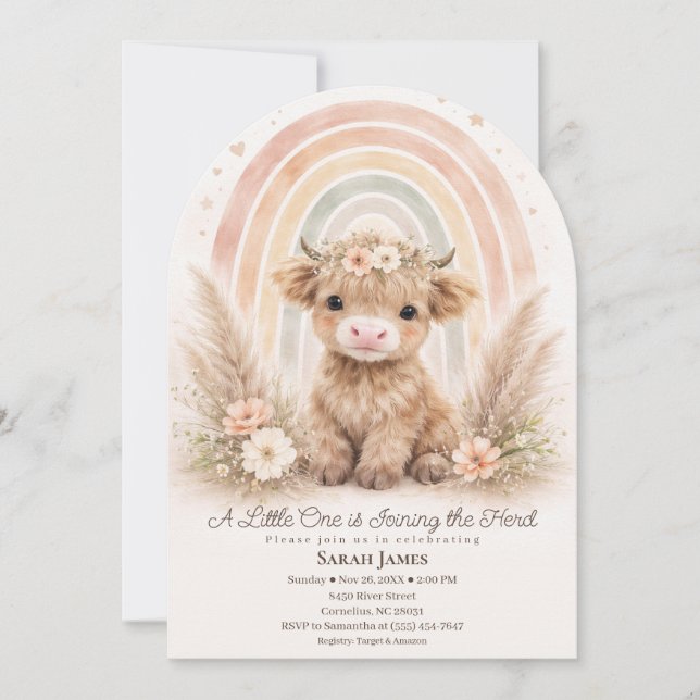 Invitación Arco de Baby Shower de Vaca Highland Boho Suave Ar (Anverso)