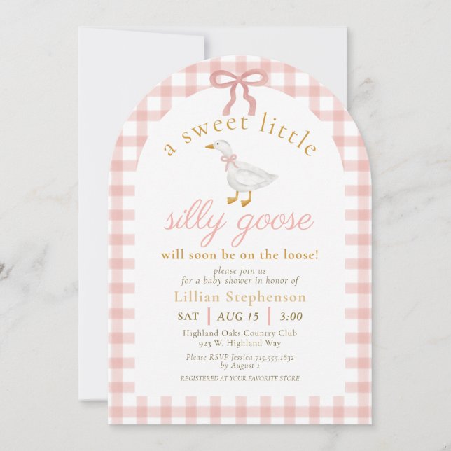 Invitación Arco de Baby Shower Silly Goose Pink Bow Gingham (Anverso)