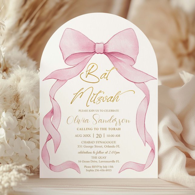 Invitación Arco de Bat Mitzvah con lazos de cinta rosa de Coq (Subido por el creador)