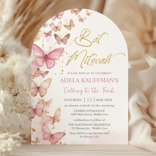Invitación Arco de Bat Mitzvah de Mariposas Rosadas Lindas pa