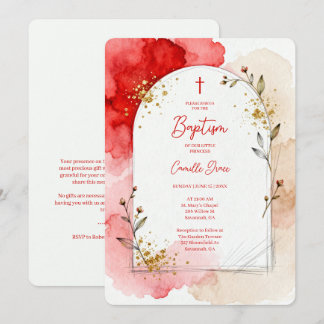 Invitación Arco de Bautismo con Acuarela Roja y Brillo Dorado