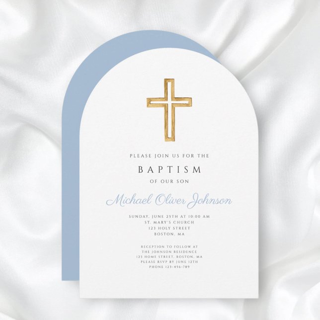 Invitación Arco de bautismo de niño con escritura azul (Religious Cross Baby Blue Script Boy Baptism Arch Invitation)