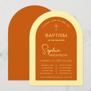 Invitación Arco de Bautismo Naranja Quemado Amarillo Letra Mo