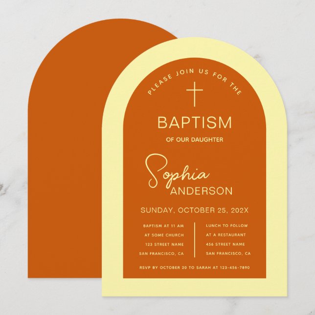 Invitación Arco de Bautismo Naranja Quemado Amarillo Letra Mo (Anverso / Reverso)