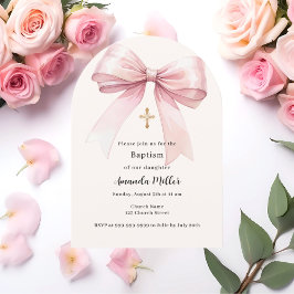 Invitación Arco de bautizo de niña con lazo rosa crema