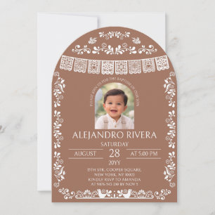 Invitación Arco de bautizo de niño con terracota y papel pica
