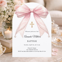 Invitación Arco de Bautizo Elegante de Perlas Rosadas Niña