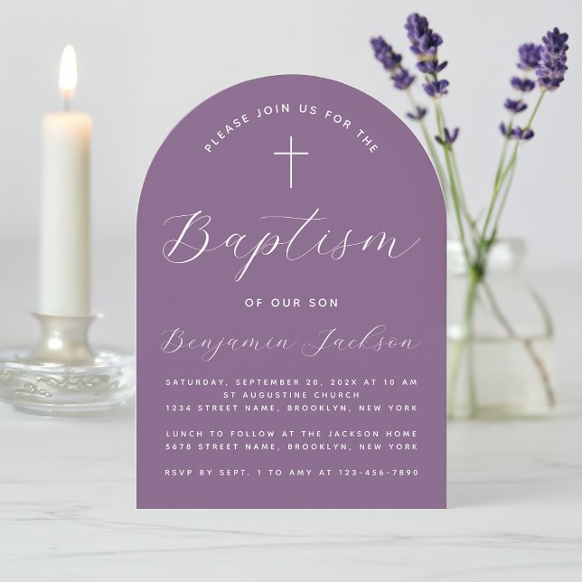 Invitación Arco de Bautizo en Morado Deslucido con Letra Mode (Subido por el creador)