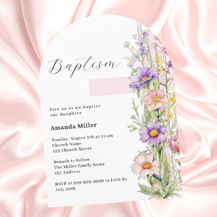 Invitación Arco de Bautizo niña flores rosadas cruz