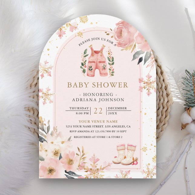 Invitación Arco de bebé de invierno floral rosa (Subido por el creador)