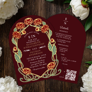 Invitación Arco de boda Art Nouveau con peonía de Borgoña QR