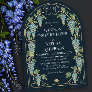 Invitación Arco de boda Art Nouveau dorado con glicinas azule