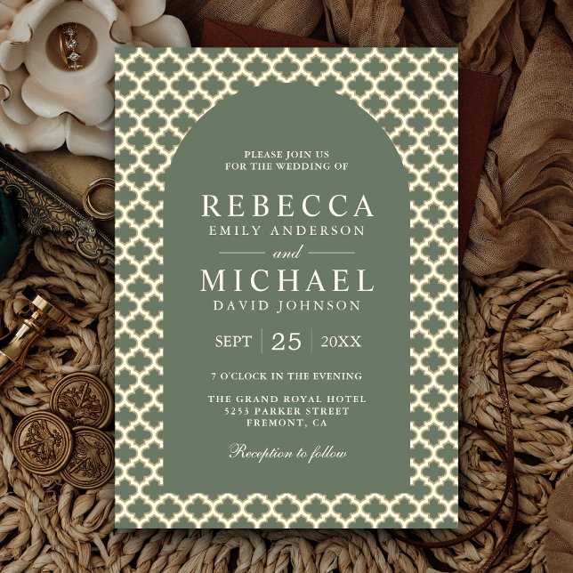 Invitación Arco de boda boho verde salvia en cuatro hojas mar (Subido por el creador)