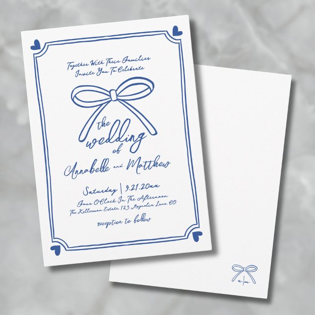 Invitación Arco de boda caprichoso dibujado a mano blanco azu (Blue White Hand Drawn Whimsical Bow Wedding Invitation)