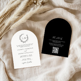 Invitación Arco de boda clásico con monograma en blanco y neg