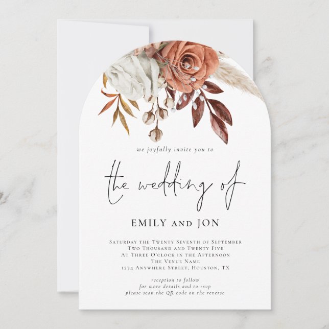 Invitación Arco de boda con código QR de florales de terracot (Anverso)