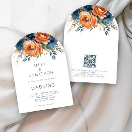 Invitación Arco de boda con código QR de flores naranja quema