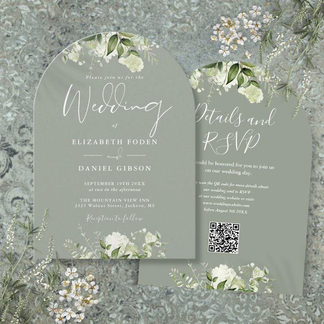Invitación Arco de boda con código QR floral verde salvia (Sage Green Floral QR Code Wedding Arch Invitation)