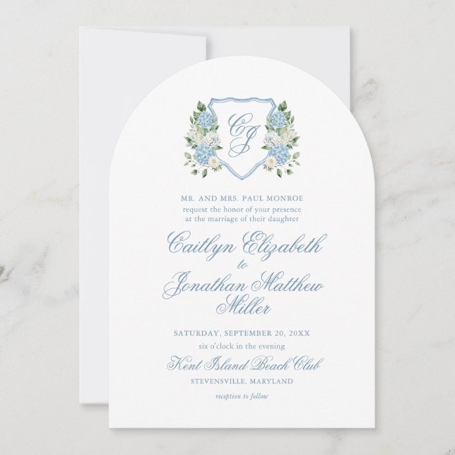 Invitación Arco de boda con cresta floral de acuarela azul po (Anverso)