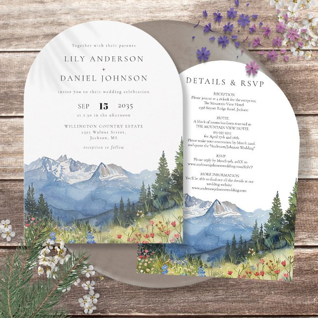 Invitación Arco de Boda con Flor Silvestre de Montaña en Acua (Modern Watercolor Mountain Wildflower Wedding Arch Invitation)