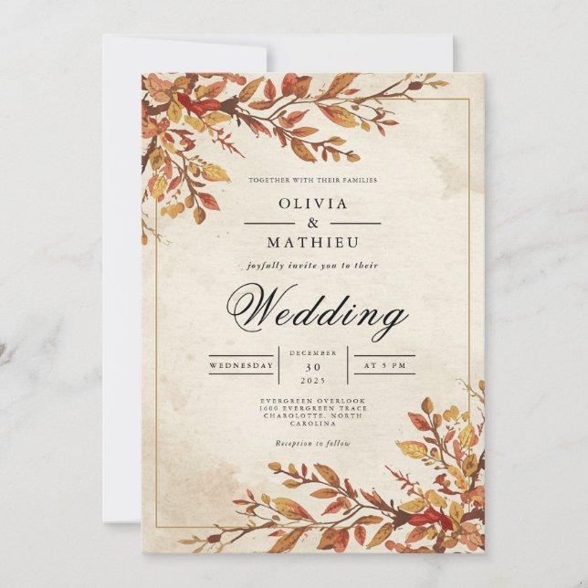 Invitación Arco de Boda con Follaje Ámbar Rústico (Anverso)
