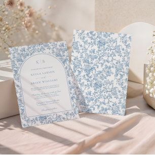 Invitación Arco de boda con monograma de toile floral azul po